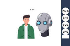 Young man thinking about futuristic robot head with glasses Product Image 1