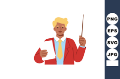 Male teacher standing with pointer stick and paper in red ja Product Image 1