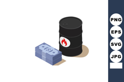 Oil barrel with fire hazard symbol and stack of dollar bills Product Image 1