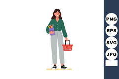 Young woman carrying shopping basket and book with pencils i Product Image 1