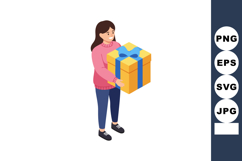 Woman holding large yellow gift box with blue ribbon smiling Product Image 1