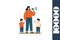 Woman holding megaphone with two children standing and inter Product Image 1
