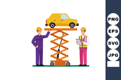 Car maintenance workers inspecting vehicle lifted by hydraul Product Image 1