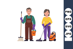 Elderly couple cleaning house with mop bucket and vacuum cle Product Image 1