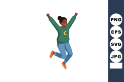 Young woman jumping with joy wearing green sweater and blue Product Image 1