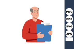 Elderly man holding blue folder with documents in red sweate Product Image 1