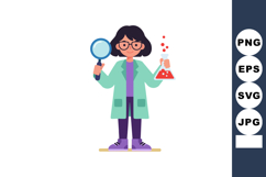 Female scientist holding magnifying glass and chemical flask Product Image 1