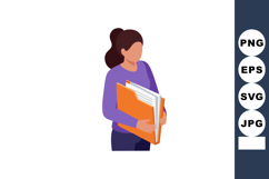 Woman holding orange folder with documents in casual purple Product Image 1