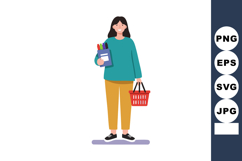 Woman holding shopping basket and colorful markers wearing c Product Image 1