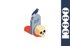 Gravestone with rip inscription crow and human skull illustr Product Image 1
