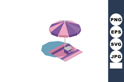 Beach umbrella with cooler on striped towel summer outdoor r Product Image 1