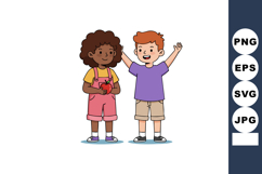 Two happy children holding apple and waving hands in cheerfu Product Image 1