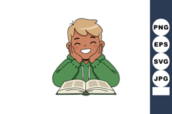 Happy boy reading book with green hoodie smiling and enjoyin Product Image 1
