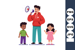 Young man with megaphone motivating happy children in colorf Product Image 1