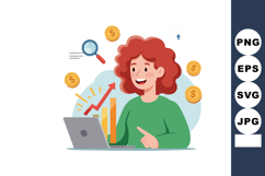 Woman with curly hair analyzing financial growth on laptop w Product Image 1