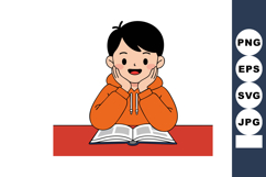 Boy in orange hoodie reading book with happy expression sitt Product Image 1