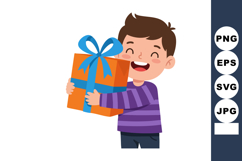 Happy boy holding big orange gift box with blue ribbon smili Product Image 1