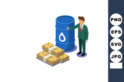 Businessman standing near blue oil barrel and stacks of mone Product Image 1