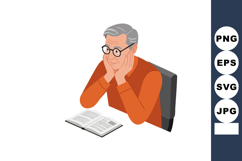 Elderly man reading book with glasses sitting at desk wearin Product Image 1