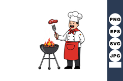 Chef grilling steak on barbecue grill with fire and fork vec Product Image 1