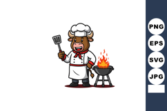 Cartoon Bull Chef Grilling Barbecue Food with Fire and Spatu Product Image 1