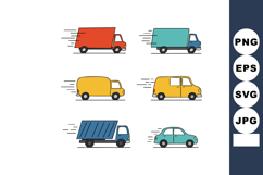 Delivery trucks and car vector illustration with red blue ye Product Image 1