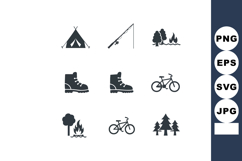 Camping and outdoor adventure icons with tent fishing boots Product Image 1