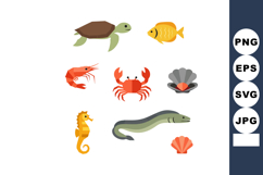 Marine Animals Vector Set with Turtle Fish Crab Shrimp Seaho Product Image 1