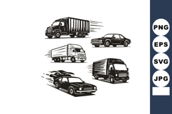 Vintage style illustration of moving trucks and cars in blac Product Image 1