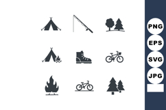 Outdoor camping icons set including tent campfire fishing bo Product Image 1