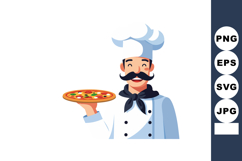 Chef holding freshly made pizza with toppings cooking and fo Product Image 1