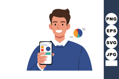 Young man smiling showing mobile phone with colorful pie cha Product Image 1