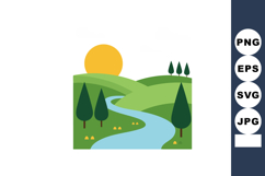 River flowing through green hills with sun and pine trees ve Product Image 1