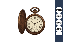 Vintage pocket watch with wooden case and roman numerals vec Product Image 1