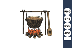 Rustic campfire cooking pot hanging over fire with wooden pa Product Image 1