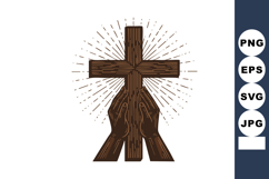 Wooden cross held by praying hands with radiant spiritual li Product Image 1