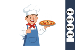 Young male chef holding pizza with thumbs up gesture vector Product Image 1