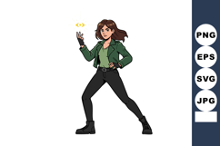 Confident young woman in green jacket and black pants castin Product Image 1