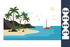 Tropical island coastline with palm trees and sailboat on ca Product Image 1