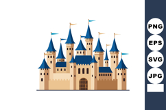 Medieval castle with blue turrets and flags vector illustrat Product Image 1