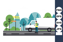 Delivery driver standing near white van by forest road with Product Image 1