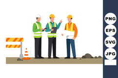 Construction workers discussing project plans on site with s Product Image 1