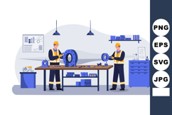 Industrial workers assembling mechanical parts in factory wo Product Image 1