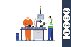 Factory workers operating automated machine on conveyor belt Product Image 1