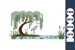 Heron standing by willow tree near pond with reeds and lily Product Image 1