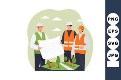 Construction workers examining blueprint plan for urban park Product Image 1