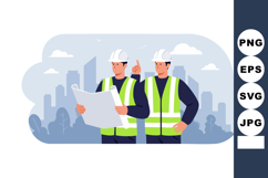 Construction engineers discussing building blueprint in urba Product Image 1