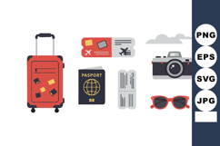 Travel essentials suitcase passport camera sunglasses and pl Product Image 1