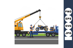 Motorcycle Loading onto Truck with Crane and Worker in Safet Product Image 1