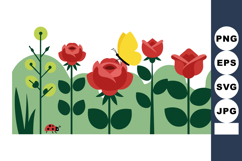 Red roses and yellow butterfly with green foliage garden sce Product Image 1